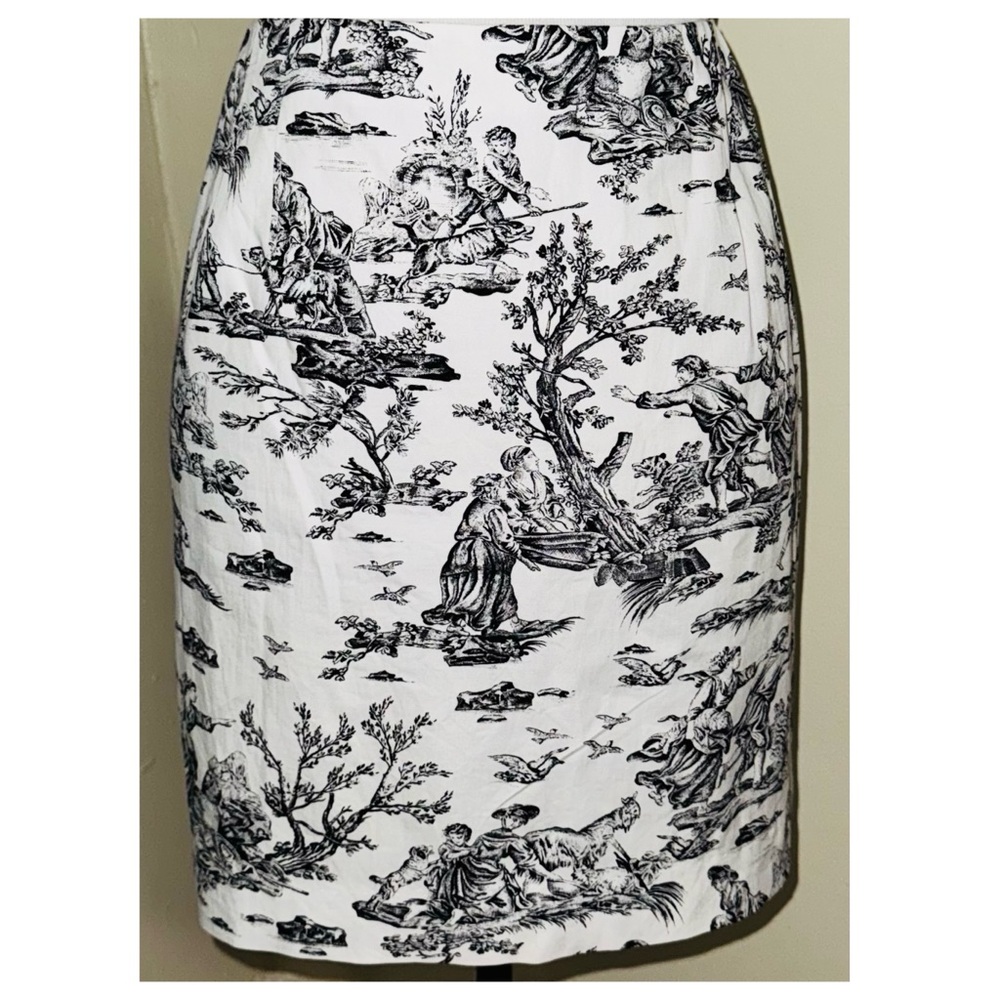 Vintage Bagatelle Black & White Toile du Jouy A-Line Pencil Skirt, Sz 14
